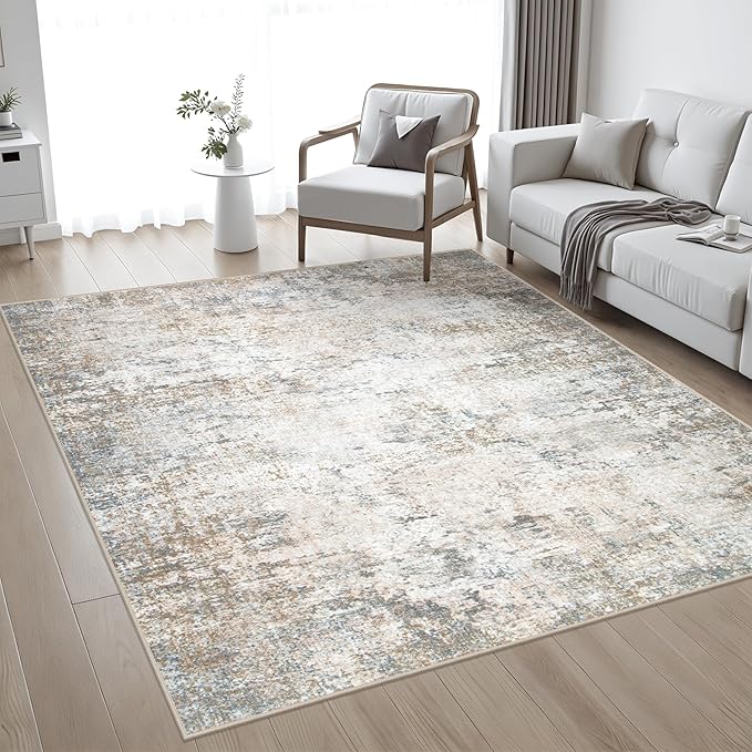 6x6 Area Rug Living Room Rug: Washable Modern Abstract Soft Thin Rug Indoor Floor No Slip Stain Resistant Carpet for Bedroom Dining Room Farmhouse Nursery Home Office - Brown Grey - Image 2