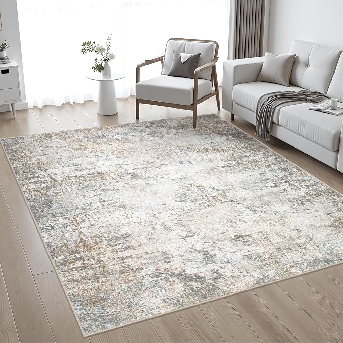 5x5 Area Rug Living Room Rug: Washable Modern Abstract Soft Thin Rug Indoor Floor No Slip Stain Resistant Carpet for Bedroom Dining Room Farmhouse Nursery Home Office - Brown Grey - Image 2