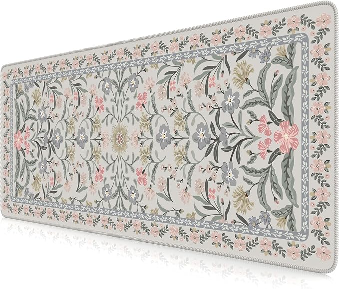 iCasso Aesthetic Desk Mat,31.5x11.8in Mouse Pads, Gray Floral | Anti-Slip Mousepad with Stitched Edges, Waterproof Computer Pad, Desk Accessories Office Decor for Women by iCasso