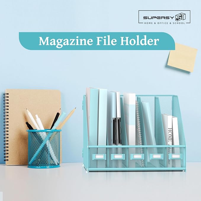 SUPEASY Desk Organizers Metal Desk Magazine File Holder with 5 Vertical Compartments Rack File Organizer for Office Desktop, Classroom, Home Workspace, Blue - Image 2