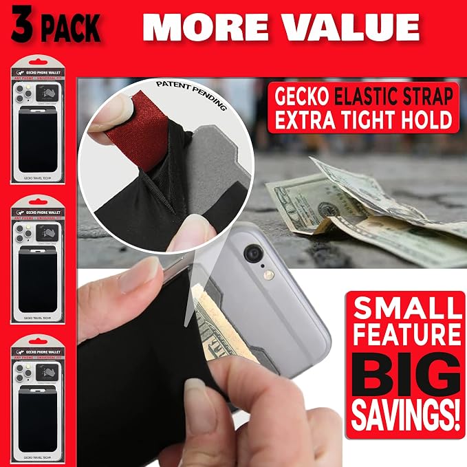 Phone Wallet - Adhesive Card Holder - Cell Phone Pouch - Stick on Lycra Pocket by Gecko - Carry Credit Cards and Cash - Image 6