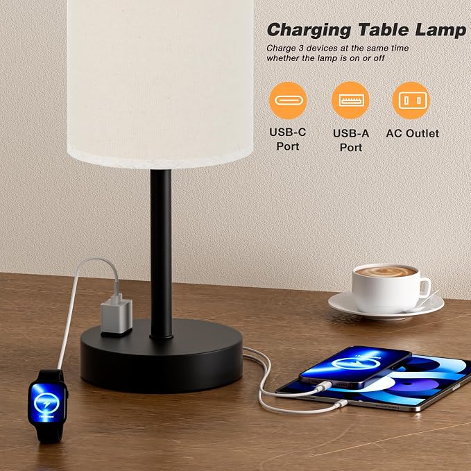 Fenmzee Touch Table Lamp - Beige, 3-Way Dimmable, USB A + C Charging, AC Outlet, 17.4inch Medium, Black Metal Base - Image 4
