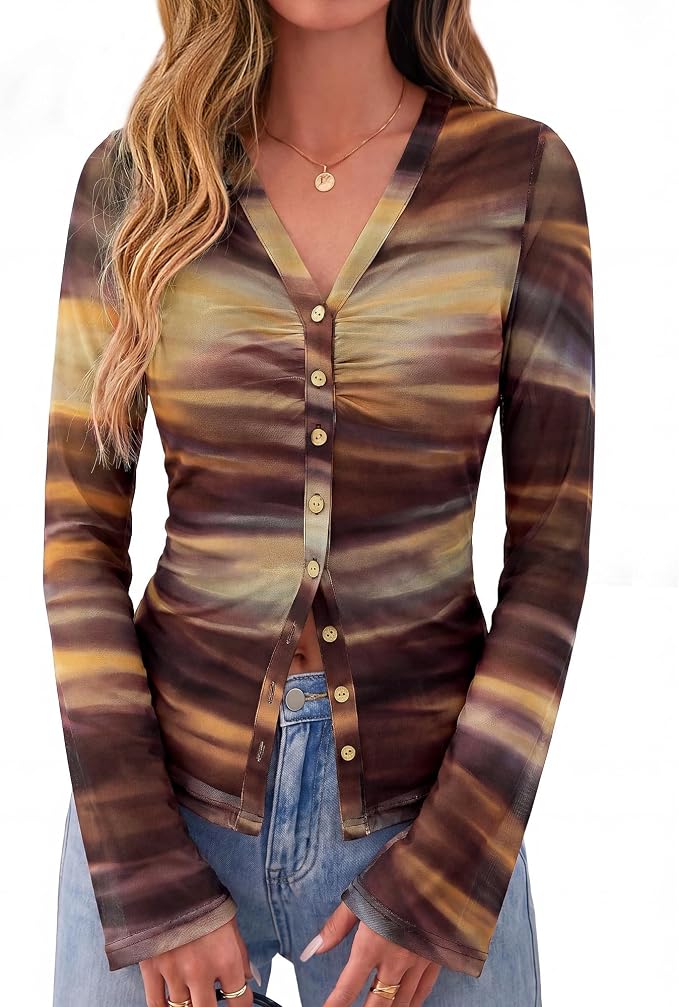 BTFBM Button Down Shirts for Women 2026 Fall Boho Tops V Neck Long Sleeve Blouses Ruched Mesh Fitted Fashion Clothing - Image 3