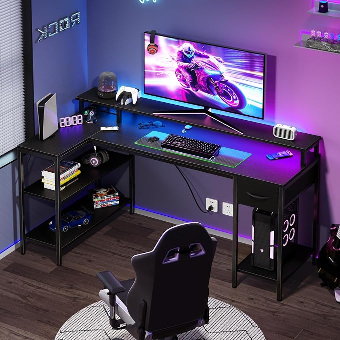 DUMOS 53 Inch Gaming Desk, L Shaped Desk, LED Lights | Monitor Stand, Storage Shelves, Computer Table, USB Charging Ports, Power Outlets, Small Spaces, Black - Image 2