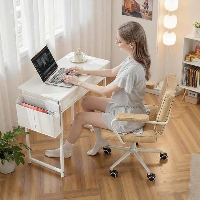 OLIXIS 32 Inch Gaming Desk, Computer Desk, Fabric Drawers | Side Bag Headphone Hook, Home Office Work Table, Writing Study Bedroom, Small Space, White - Image 6