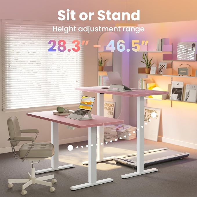 HUANUO Electric Standing Desk, 55" x 28" Height Adjustable Desk, 4 Memory Height Settings, Sit to Stand Up Desk for Home Office, with Headphone Hook, Cable Manager, Pink - Image 4