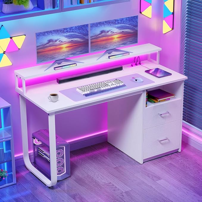 DWVO Office Desk with Drawers, 47" Computer Desk with Power Outlets & LED Light, Home Office Desk with Storage & Monitor Stand, White | Built-In Power Outlets, Led Light, Monitor Stand, Storage Space, For Home Office Study, Easy Assembly by DWVO