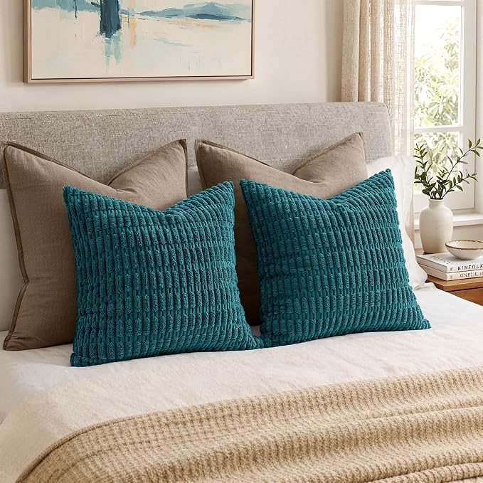 MIULEE Pack of 2 Corduroy Decorative Euro Sham Throw Pillow Covers 24x24 Inch Soft Boho Striped Pillow Covers Modern Farmhouse Home Decor for Summer Coastal Sofa Living Room Couch Bed Teal - Image 2