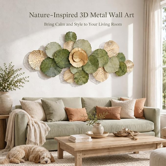 Axioglo 51" Large Wall Decor 3D Lotus Leaf Metal Wall Art for Living Room | 51" x 25" metal wall decor with layered metal texture, mounting hardware, two-way display - Image 2