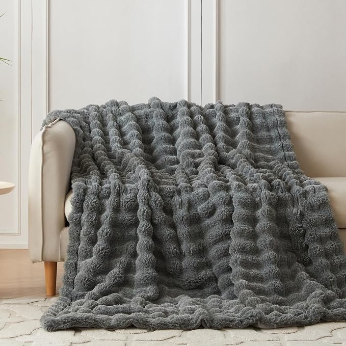COOVA Faux Fur Throw Blanket for Couch, Cozy Soft and Fuzzy Plush Rabbit Fur Bubble Blanket for Sofa Bedroom Living Room, 50x60 Inches Cationic Light Grey - Image 2