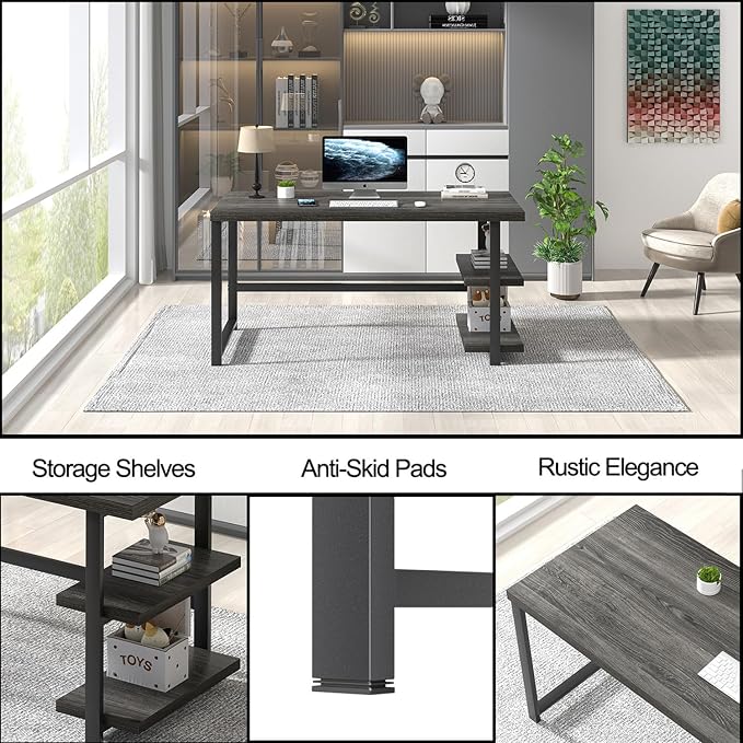 FOLUBAN Home Office Desk, Modern Computer Desk with Storage Shelf, Wood Study Writing Gaming Table for Bedroom Living Room, Industrial Dark Gray, 53 Inch - Image 6