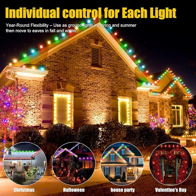 100 FT 2-in-1 Eaves & Ground Stakes LED String Lights, Outdoor RGB Light with App & Remote Control for House, Garden, and Landscape, Waterproof Smart Color-Changing Lighting for Holiday Everyday Decor - Image 5
