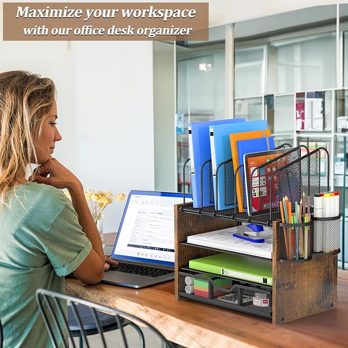 DAOUTIME 4-Tier Mesh Desk Organizer, Wooden Desk File Organizer with 5 Vertical File Holders and 2 Pen Holders, Desktop Organizers and Accessories with Drawer for Home Office - Image 2