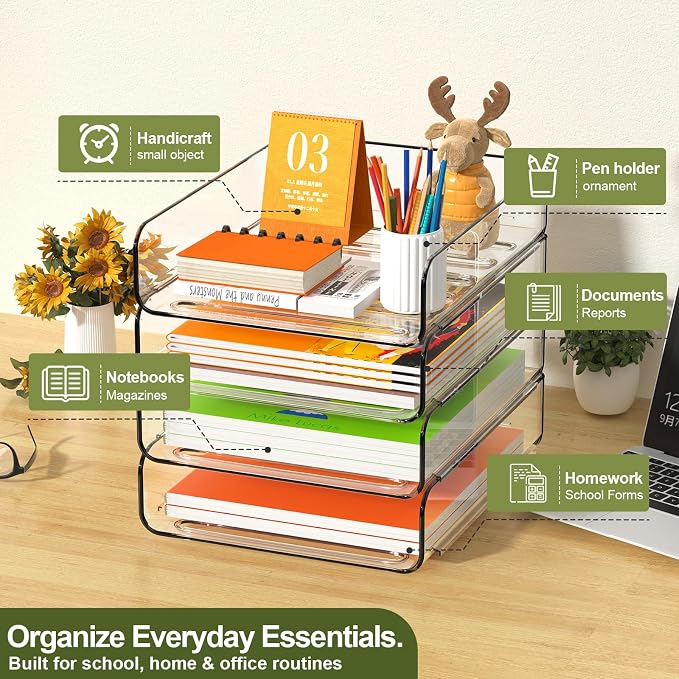 FANXIYQ 4-Tier Acrylic Paper Tray Organizer, Clear Stackable Desk File Organizer for Documents, Files, Letters, A4 Paper, Books, Notes, Mail & Paper Storage, Office Classroom Home - Image 2