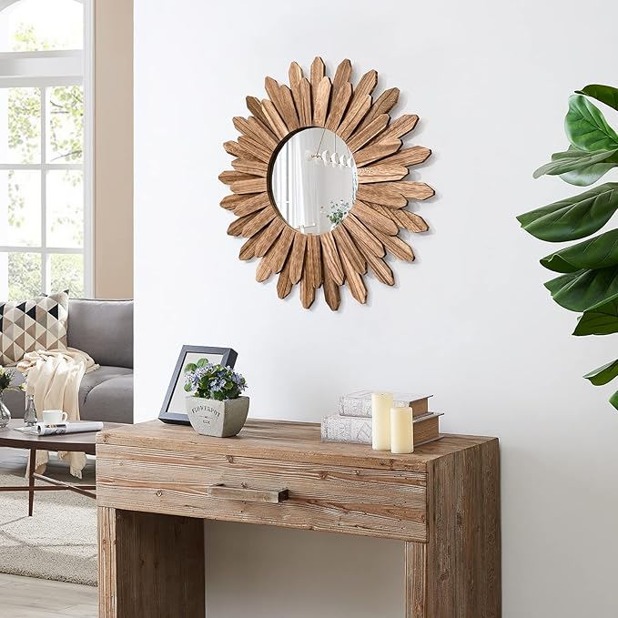 Honiway Mirror Wall Decor 21 inch Rustic Wood Boho Aesthetic Mirror for Room & Home Decor Farmhouse Wall Decor at Living Room Bedroom Carbonized Black - Image 4