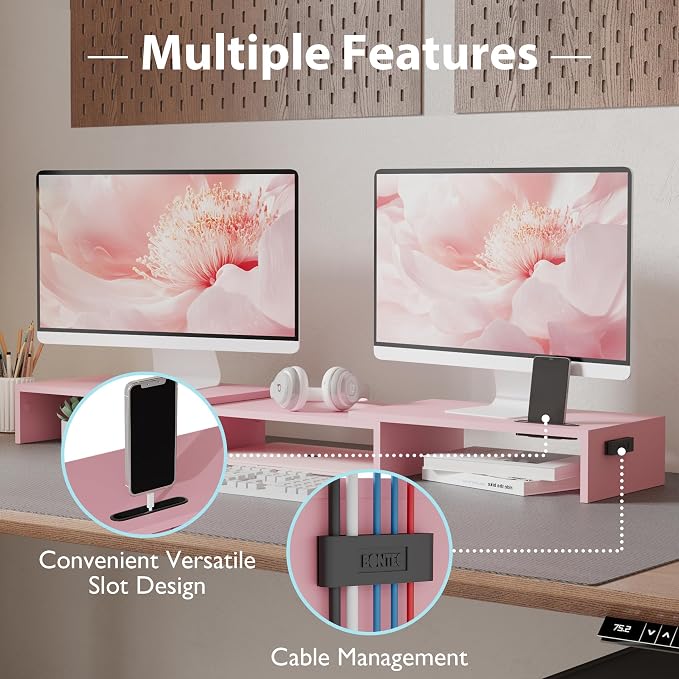 BONTEC Dual Monitor Stand Riser with Smartphone Holder, Adjustable Length & Swivel Angle, Ergonomic Wooden Desktop Organizer for PC Monitor, Laptop, Printer, Large Storage, 42.5 in, Pink - Image 6