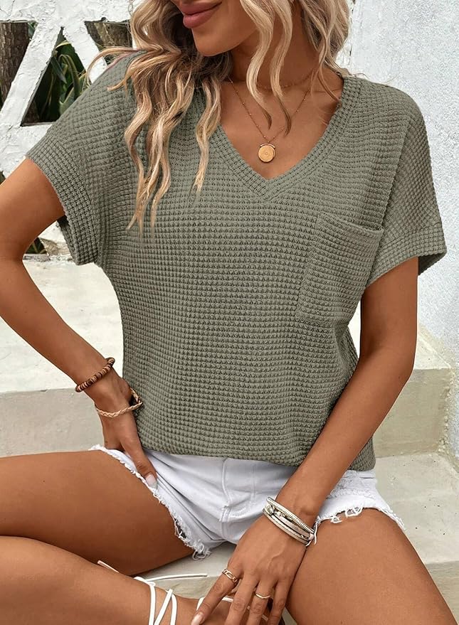 Dokotoo Womens Waffle Knit Tops 2026 Spring Summer V Neck Shirts Casual Trendy Women's Blouses Basic Tee - Image 3