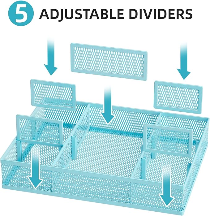 Marbrasse 2 Pack Desk Drawer Organizer, Mesh Drawer Organizer Tray with 8 Adjustable Compartments, Desk Organizers and Accessories, 5 Dividers Drawer for Office Supplies, Makeup & Vanity (Blue) - Image 2