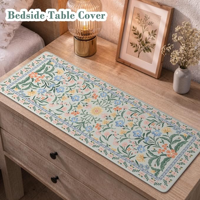 iCasso Aesthetic Desk Mat,31.5x11.8 Mouse Pads,Green Floral | Anti-Slip Mousepad with Stitched Edges, Waterproof Computer Pad, Green Desk Accessories Office Decor for Women - Image 7