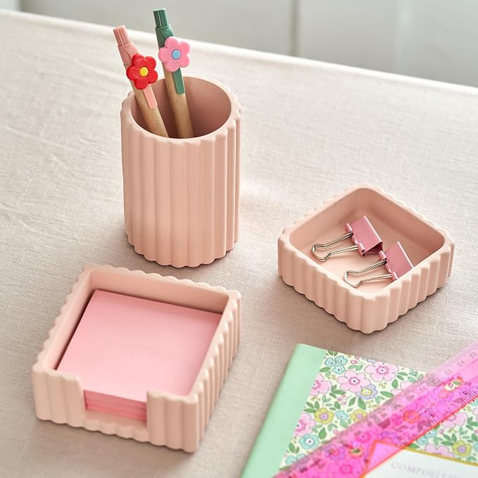 Aesthetic Desk Organizer Set of 3 For Your Office - Sturdy Concrete Desktop Accessories For Women Enhance Any Office Decor - Set incl. Pen Holder, Paperclip Storage & Sticky Note Holder for Teacher - Image 4