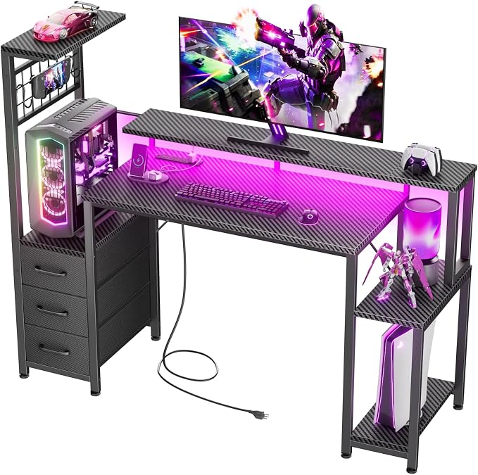 Korfile 48" Gaming Desk with Power Outlet, LED, Drawers, Carbon Fiber Black | Reversible，Computer Desk, Gamer Table, with Fabric Drawers & Side Hook, with Monitor Stand, for Game Room, Home Office by Korfile