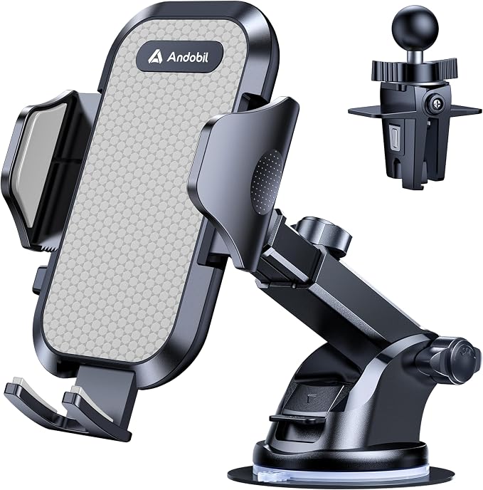 andobil Car Phone Holder, 2026 Military-Grade 89lbs Strongest Suction Phone Holders for Your Car Dashboard/Windshield/Vent Easy Clamp Cellphone Holder Truck Stand for iPhone 17 16 15 Pro Samsung Grey by Andobil