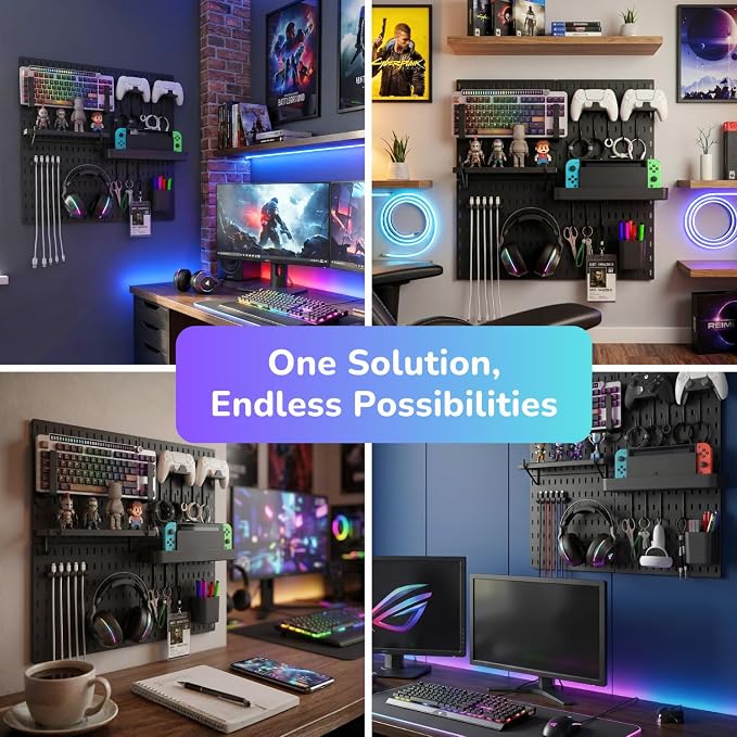 Keepo Peg Board Wall Organizer for Gaming Setup, Pegboard with Adhesives & Screw Mounts, Includes Peg Board Accessories for Gaming Accessories, Tech Storage & Office Organization (Black, 22″×22″) - Image 7
