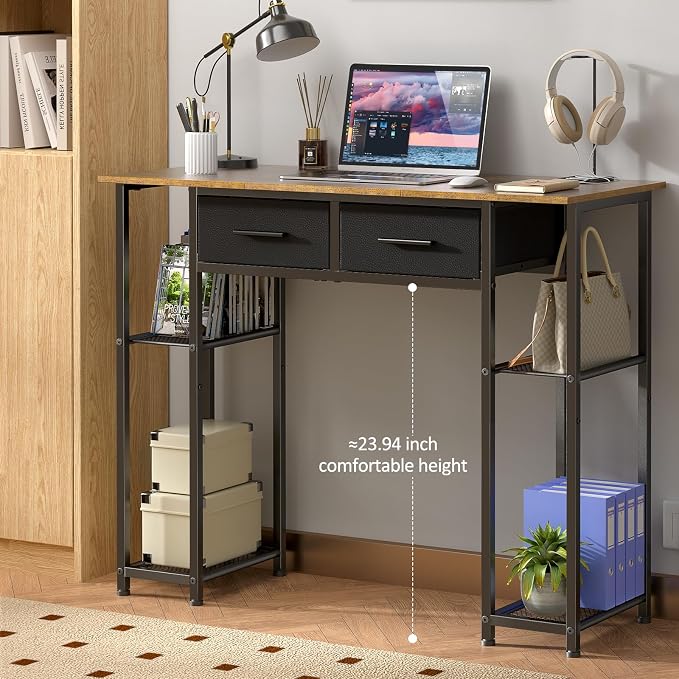DAOUTIME Computer Desk with Drawers, 37.3 Inch Home Office Work Desk with Storage Shelf, Kids Teens Study Table for Small Space, Small Writing PC Table for Bedroom Makeup Vanity Desk, Brown - Image 3