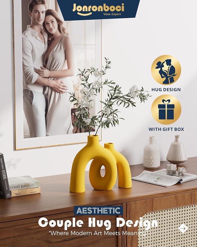 Hug Donut Decorative Vase Set - Yellow Vase, Modern Nordic Boho Style Vases Home Decor, Matte Ceramic Decorations for Living Room Shelf, Bookshelf Mantle Entryway Table or Console Décor (Yellow) - Image 2