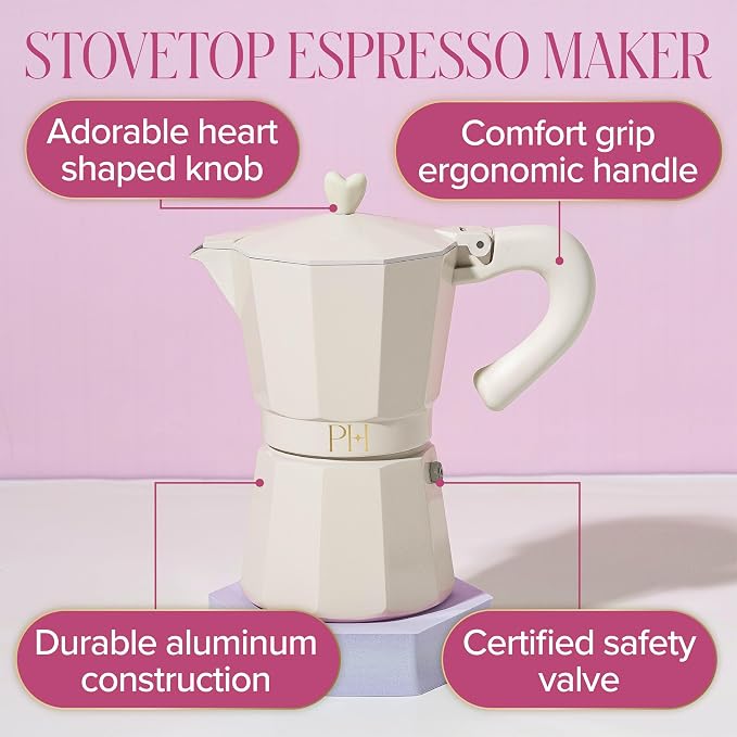 Paris Hilton Stovetop Espresso and Coffee Maker, Italian & Cuban Style Coffee Pot with Iconic Heart Knob, Perfect for Rich Aromatic Espresso, Makes up to 6 Espresso Cups, Cream - Image 3