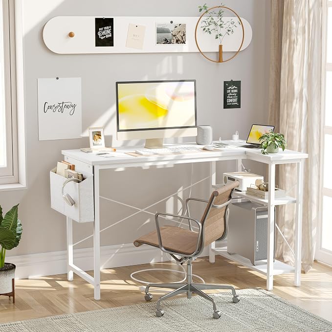 TIQLAB L Shaped Computer Desk with Power Outlets, 47 Inch Small Corner Desk with Reversible Shelves, Gaming Desk Computer Table Study Writing Desk for Home Office Small Space, White - Image 2