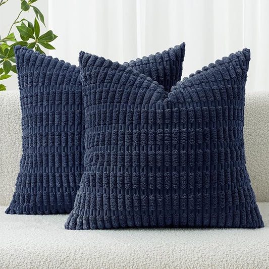 MIULEE Pack of 2 Corduroy Decorative Throw Pillow Covers 12x12 Inch Soft Boho Striped Pillow Covers Modern Farmhouse Home Decor for Summer Coastal Sofa Living Room Couch Bed Dark Blue by MIULEE