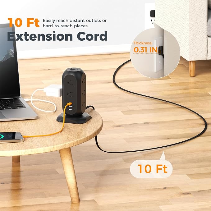 TESSAN Tower Power Strip Flat Plug with 1050J Protection, 10 Ft, Black | 11 Outlets 3 USB (1 USB C), Surge Protector Power Tower, Extension Cord with Multiple Outlets, Dorm, Office Desk Supplies - Image 2