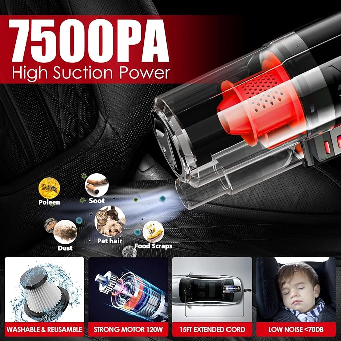 17PCS Car Cleaning Kit, Red Car Interior Detailing Kit with High Power Handheld Vacuum, Detailing Brush Set, Windshield Cleaner, Cleaning Gel, Complete Auto Accessories for Women Girls Gift - Image 2