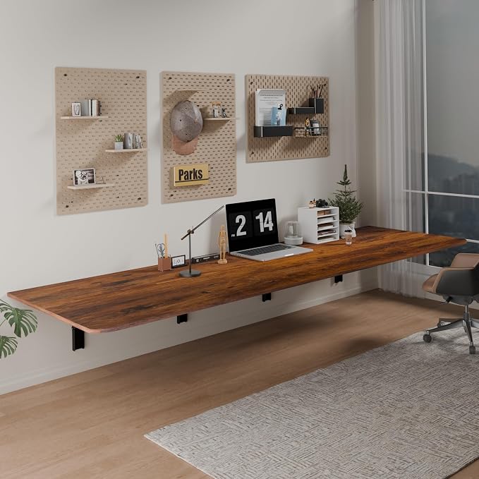 IAE 72x22in Floating Fold Desk,Wall-Mounted Folding Computer Table,Rustic | Study Table with Shelf Brackets,Foldable Down Shelf with Engineered Wood,Fold Computer Desk for Small Apartment,Holds 519 lb by IAE