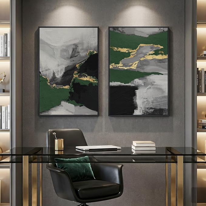 Large Framed Green Abstract Wall Art, 2 Piece Modern Canvas Prints Paintings, Black and Gray Pictures with Gold Accents for Living Room Hallway Dining Room Bedroom Office Wall Decor 24x36 In - Image 5