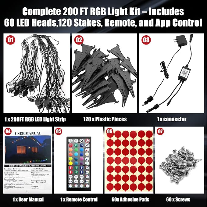 200 FT 2-in-1 Eaves & Ground Stakes LED String Lights, Outdoor RGB Light with App & Remote Control for House, Garden, and Landscape, Waterproof Smart Color-Changing Lighting for Holiday Everyday Decor - Image 2
