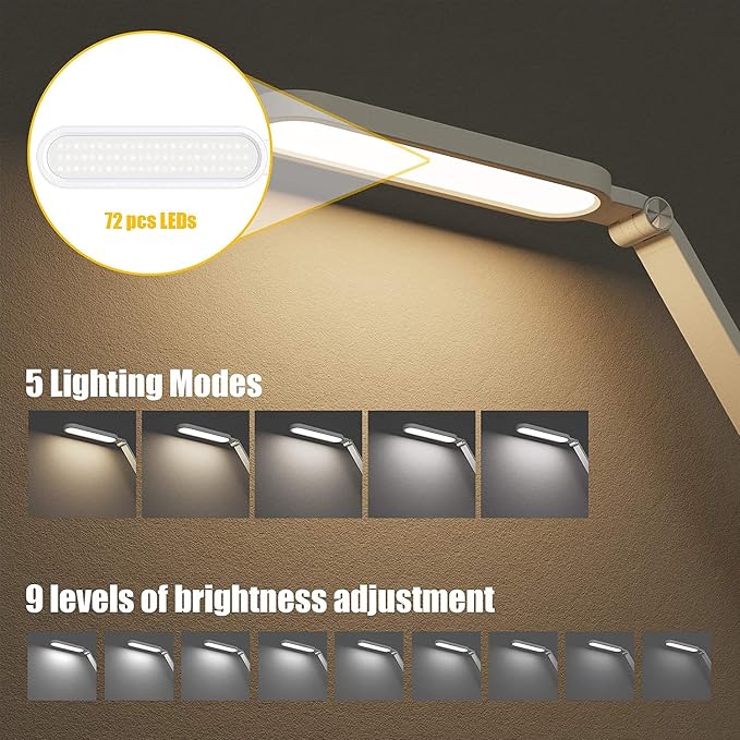 JKSWT Desk Lamp, for Eye Care, Dimmable Table Lamp with 5 Colour Modes, 72 LEDs with USB Charging Port, Touch Control and Memory Function, Office Lamp - Image 2