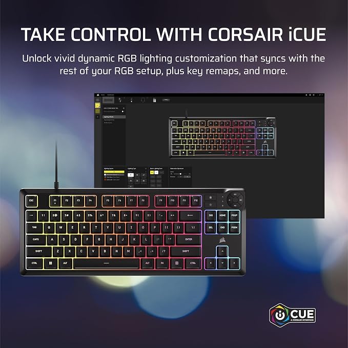 Corsair K55 CORE TKL RGB Gaming Keyboard – Tenkeyless, 8-Zone RGB, Quiet Membrane Keys, Spill Resistant, Media Keys, 1000Hz Polling – NA Layout – Black - Image 7