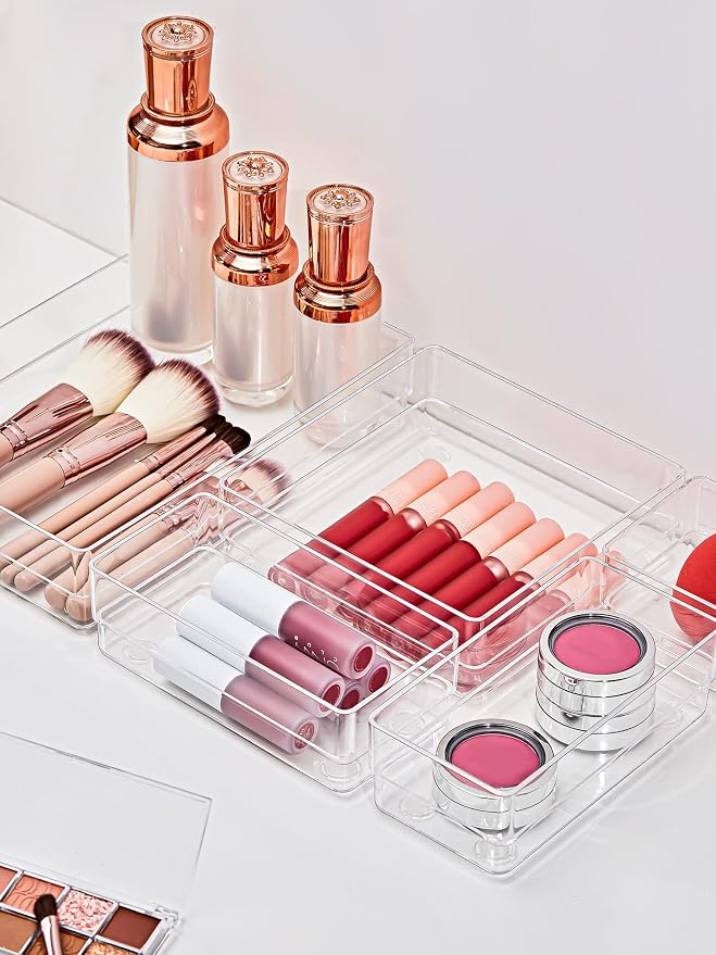 SMARTAKE 13 PCS Drawer Organizer 5-Size Desk Makeup Drawer Organizer Clear | Storage Trays for Makeup with Non Slip Silicone Pads, Jewelries, Utensils in Bedroom Dresser, Office, Kitchen and Bathroom - Image 3
