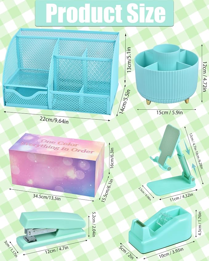 LXEVIHK 21Pcs Green and Blue Desk Organizers and Accessories With Mesh Desk Organizer and 360°Rotating Pen Holder and a Lot of Office Green Office Supplies Beautifully Presented in a Gift Box - Image 5
