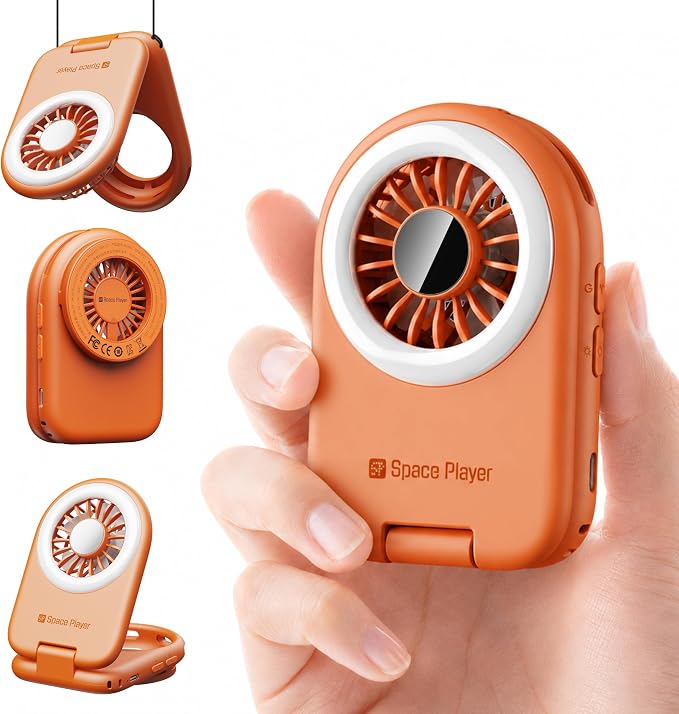 Space Player Mini Fan, Portable Handheld Fan with MagSafe Phone Mount, USB Rechargeable Cooling Fan with Selfie Fill Light Pocket Size Travel Companion for Cruise Concert Makeup and Outdoor Use,Orange by SPSpacePlayer