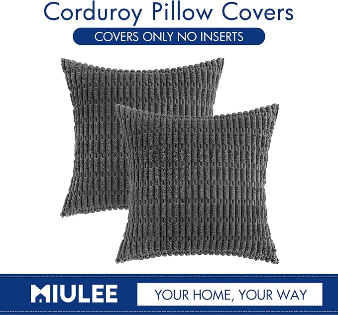 MIULEE Pack of 2 Corduroy Decorative Throw Pillow Covers 18x18 Inch Soft Boho Striped Pillow Covers Modern Farmhouse Home Decor for Sofa Living Room Couch Bed Dark Grey - Image 6