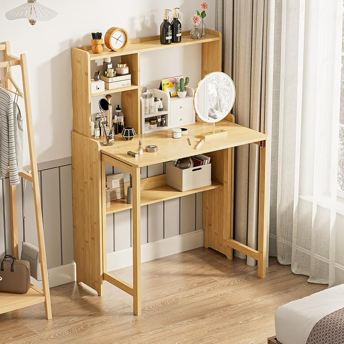 Folding Desk with Bookshelf, Compact Foldable Desk for Small Spaces,Natural | Bamboo Computer Desk with Storage Shelf, Space-Saving Home Office Desk with Hutch for Bedroom, Dorm, Apartment - Image 7