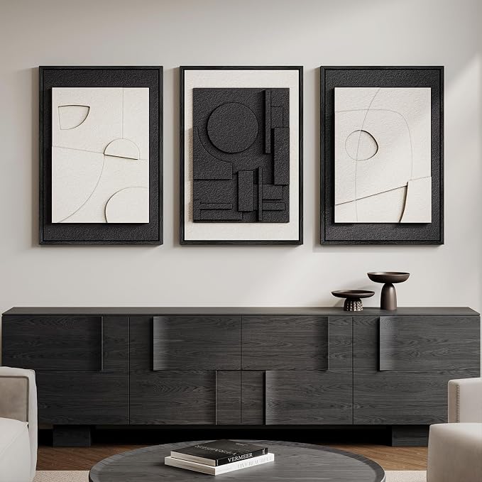 Large 3D Textured Framed Black and White Abstract Wall Art, 3 Piece Modern Wall Paintings Artwork for Walls, Minimalist Black White Geometric Pictures for Living Room, Hallway, Dining Room Wall Decor - Image 5