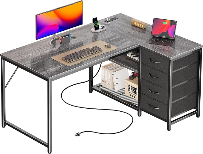 PRAISUN 43.3" Small Computer Desk with Power Outlets & USB-C Port, Reversible L Shaped Corner Office Desk with 4 Fabric Drawers and 2 Adjustable Storage Shelves, for Gaming Writing, Grey by PRAISUN