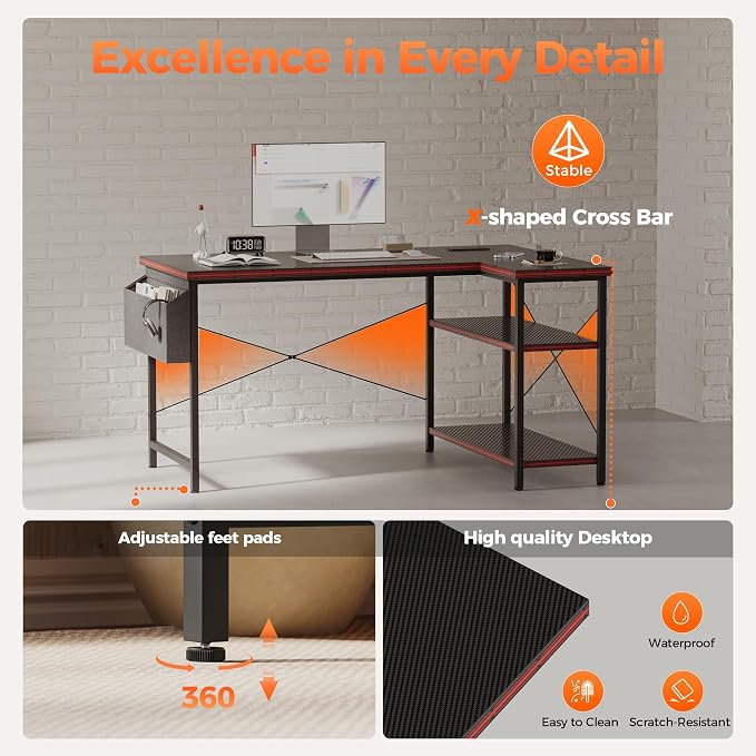 Mericonia 55 inch L Shaped Gaming Desk, Large Corner Desk with Shelves | Reversible Computer Desk with Power Outlets & Storage Bag, Office Table for Home Bedroom Study Work Writing - Image 5