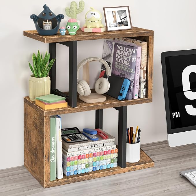 Desktop Bookshelf for Top of Desk Shelf - Brown Book Organizer 3-Tier Shelves Storage Small Bookcase Hutch for Dorm Office College by Unknown