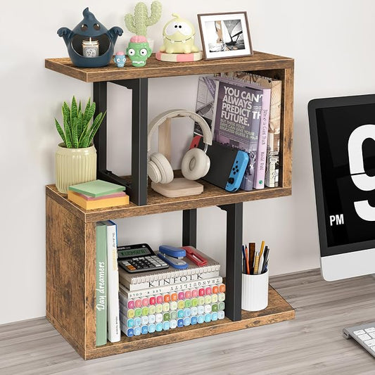 Desktop Bookshelf for Top of Desk Shelf - Brown Book Organizer 3-Tier Shelves Storage Small Bookcase Hutch for Dorm Office College by Unknown