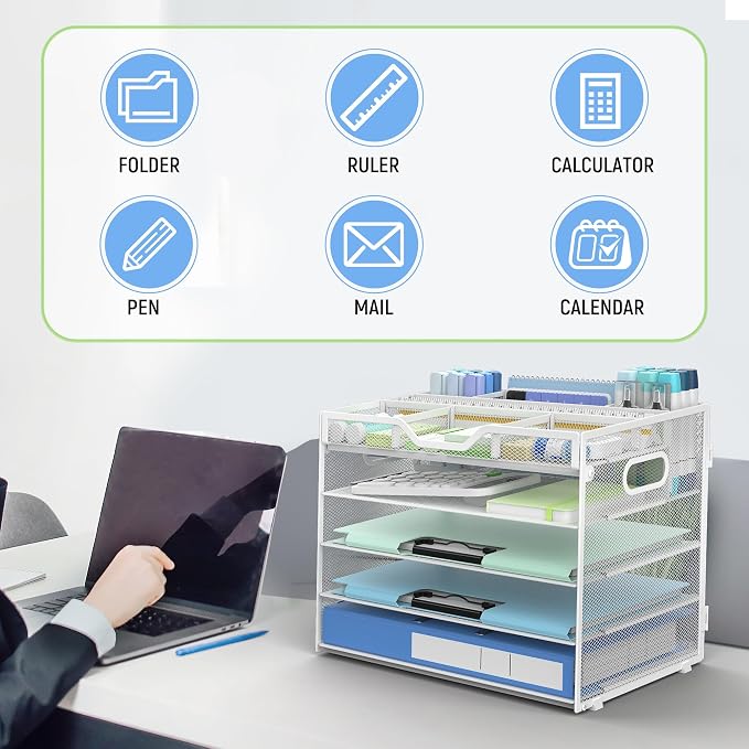 Docnest 5 Tier Mesh Desk Organizer with Removable Tray&Pen Holder, White | Features 3 detachable pen holders and 4 removable dividers.Versatile mesh desktop storage for mail, document,office supplie - Image 7